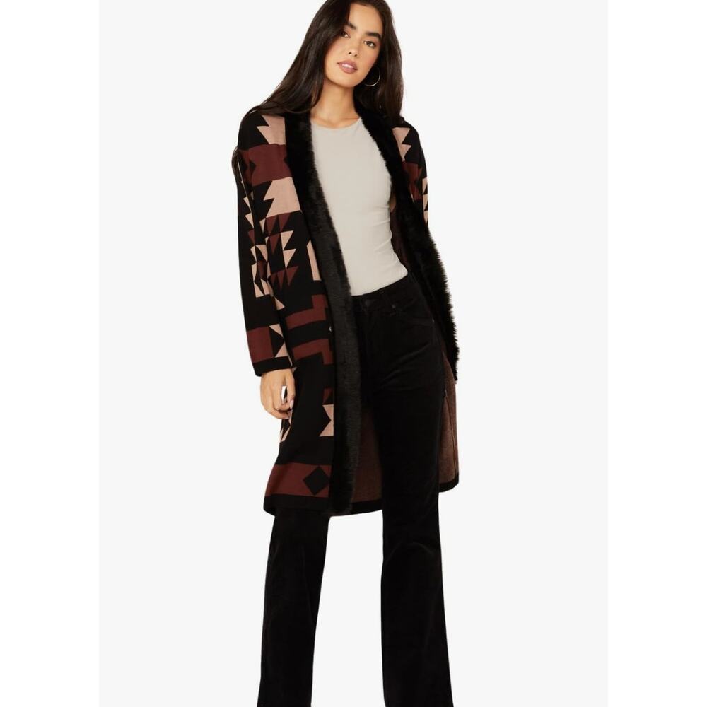 Shyanne brown & black geometric duster sweater black fur trim womens size medium